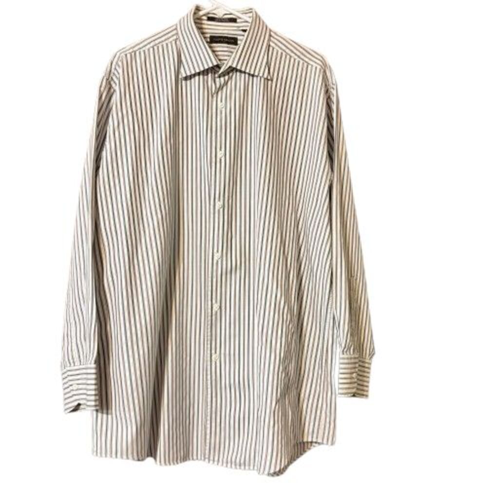 Mens Joseph Abboud  Gray & Beige Stripe Dress Shirt Button Up Size 17 1/2 34/35